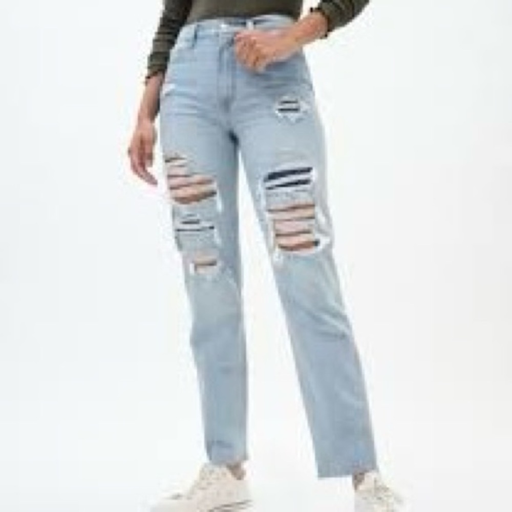 Aeropostale Light Wash High Rise HR Destroyed Distressed Denim Raw Hem Mom Jeans